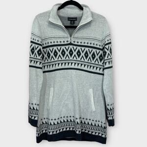 Fair isle Nordic quarter zip sweater gray & black mid weight long length medium